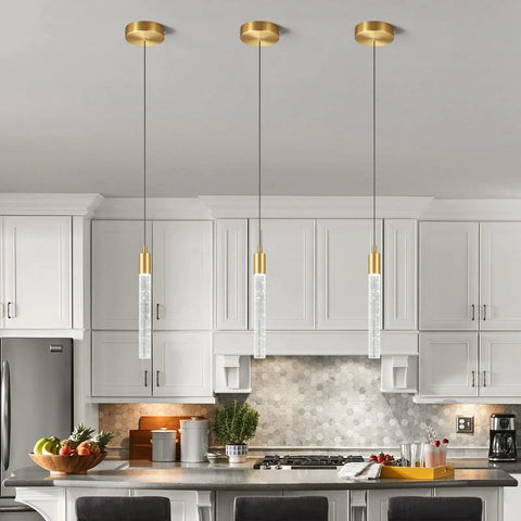 Gold Brass Finish Kitchen Island Pendant Lights 3 Pack, Dimmable LED Crystal Bubble Column Mini Pendant Fixtures in kitchen