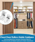 Sliding Closet Door Roller Kit With Floor Guide For Top Hung Wardrobe Doors Replacement Hardware Includes Track And Adjustable Guides Fits Three Quarters Of An Inch To One And Three Eighths Inches Doors shown installed with wooden doors.