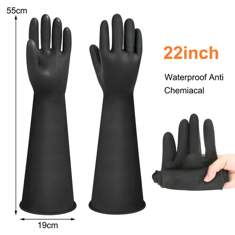 Heavy Duty 22 Inch Black Latex Gloves Chemical Resistant Rubber Gauntlets For Industrial Work And Dishwashing showcasing texture and grip.