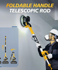 Pro Grade 880W Drywall Sander With Adjustable 5 Speed Settings And 1000 To 2100 Rpm Pure Copper Motor featuring a worker using the telescopic handle.