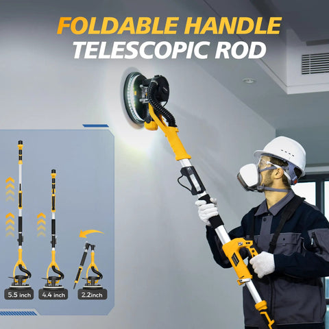 Pro Grade 880W Drywall Sander With Adjustable 5 Speed Settings And 1000 To 2100 Rpm Pure Copper Motor featuring a worker using the telescopic handle.