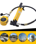 Hydraulic cylinder jack, 20T, manual pump, yellow compact low-profile with hose, angled view