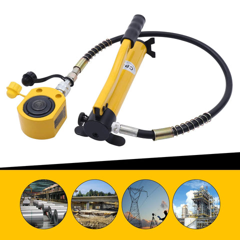 Hydraulic cylinder jack, 20T, manual pump, yellow compact low-profile with hose, angled view