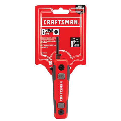 Folding Locking Hex Key Set Eight Piece SAE With Three Position Locking At 90 135 And 180 Degrees Durable Composite Handle