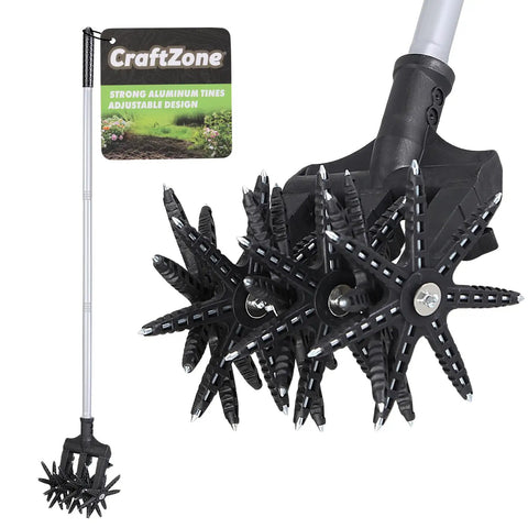 Lightweight Rotary Cultivator Tiller With Adjustable Stainless Steel Poles Anti Slip Grip Hand Tiller For Soil Mixing Or Reseeding Grass Lawn Long Reach 69 Inch Garden Tool No Heavy Lifting For Easy Yard Work, featuring close-up of rotating blades and handle.