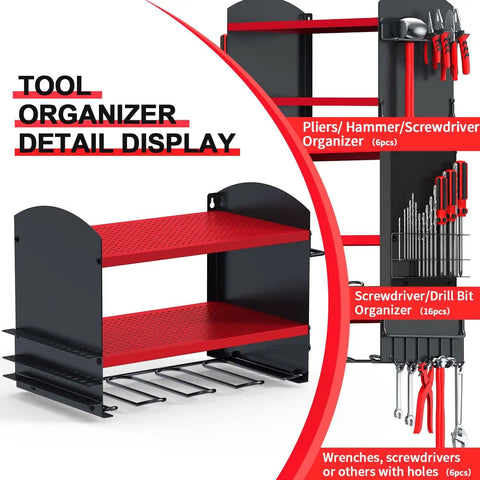 Garage Power Tool Organizer Wall Mount Rack For Cordless Drills And Heavy Duty Storage, Space Saving Steel Tool Holder, Easy Access, Durable Construction, Ideal Gift For Men And Dads Red