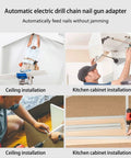 Automatic Chain Nail Gun Adapter in action for ceiling and kitchen cabinet installation, showcasing its stainless steel and automation features.