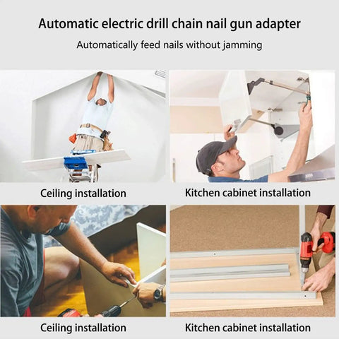 Automatic Chain Nail Gun Adapter in action for ceiling and kitchen cabinet installation, showcasing its stainless steel and automation features.