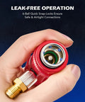 Close-up of red R1234yf Quick Couplers Kit with self-sealing tap held in hand, showing leak-free operation feature.