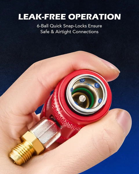 Close-up of red R1234yf Quick Couplers Kit with self-sealing tap held in hand, showing leak-free operation feature.