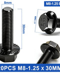 20PCS M8-1.25 X 30MM M8-1.25 X 30mm Flange Hex Head Bolts, 10.9 Grade Alloy Steel, Black Zinc Plated, Full Thread, Hex Drive Screws, Built To Last, Rust Resistant And Burr Free For Auto, Machinery, And Heavy Duty Projects.