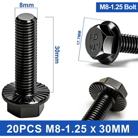20PCS M8-1.25 X 30MM M8-1.25 X 30mm Flange Hex Head Bolts, 10.9 Grade Alloy Steel, Black Zinc Plated, Full Thread, Hex Drive Screws, Built To Last, Rust Resistant And Burr Free For Auto, Machinery, And Heavy Duty Projects.