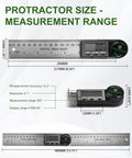Heavy Duty Stainless Steel Digital Angle Finder With Dual Scale Folding Ruler And Big Clear Screen For Dead On Precision In Woodworking Carpentry And Professional Builds, showing detailed measurement range.
