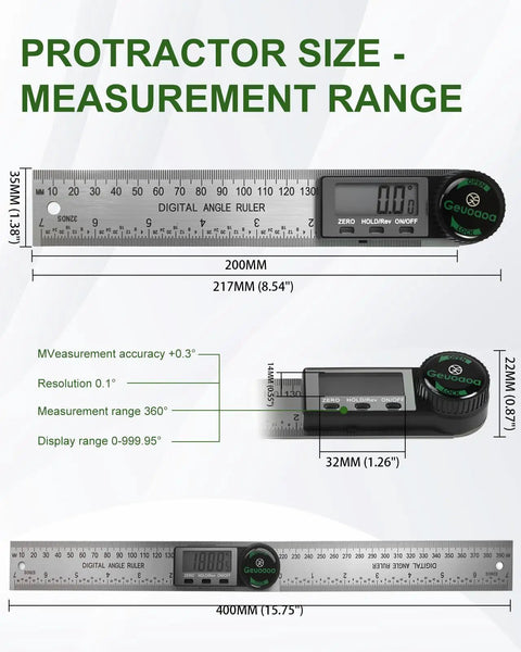 Heavy Duty Stainless Steel Digital Angle Finder With Dual Scale Folding Ruler And Big Clear Screen For Dead On Precision In Woodworking Carpentry And Professional Builds, showing detailed measurement range.