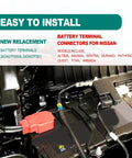 Heavy Duty Top Shelf Battery Terminals Compatible With Nissan Sentra Murano Maxima Rogue Auto Cable top posts installed in engine compartment.