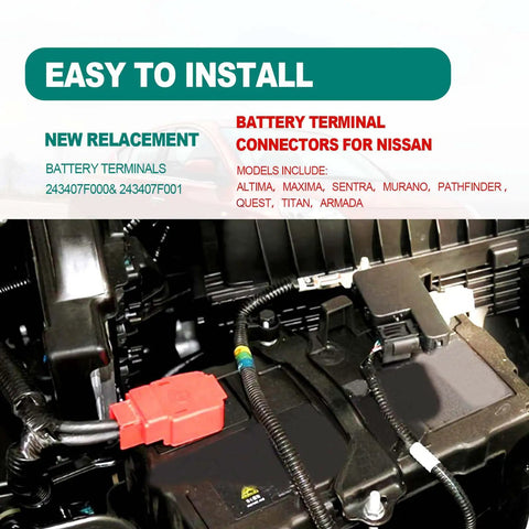 Heavy Duty Top Shelf Battery Terminals Compatible With Nissan Sentra Murano Maxima Rogue Auto Cable top posts installed in engine compartment.