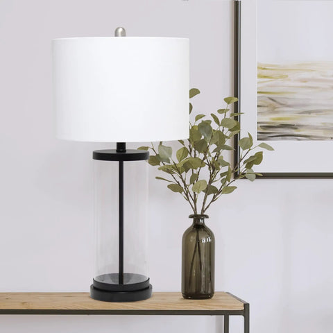 Coastal Style Table Lamp With Enclosed Clear Glass And Black Metal Base, White Fabric Drum Shade, 3 Way 100W Equivalent Bulb, Rotary Socket Switch, Modern Enclosed Design For Living Room Or Bedroom
