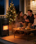 Family enjoying warmth from 18,000 BTU Foldable Propane Patio Heater With LP Regulator on a porch during a cold night