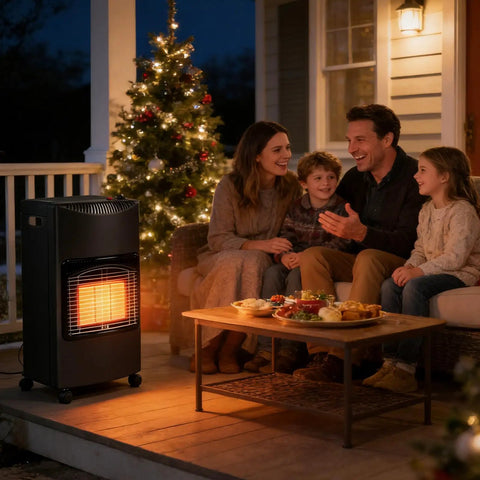Family enjoying warmth from 18,000 BTU Foldable Propane Patio Heater With LP Regulator on a porch during a cold night
