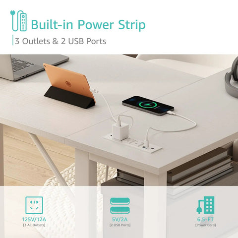 White L Shaped Desk With Drawers And Storage Shelves 47 Inch Corner Reversible Computer Desk With Built In Power Strip And USB Ports