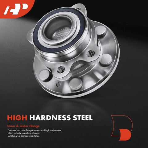 Two Front Wheel Bearing And Hub Assembly Set For Chevrolet Colorado 2015-2022 And GMC Canyon 2015-2022 6 Lug 4WD Only Replacement High Load Capacity With Durable Roller Bearing showing close-up of high hardness steel construction and inner flange.