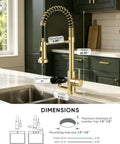 OWOFAN Pull Down Kitchen Faucet with Cup Washer Brushed Gold, dimensions showing spout height 7" and height 20.87".