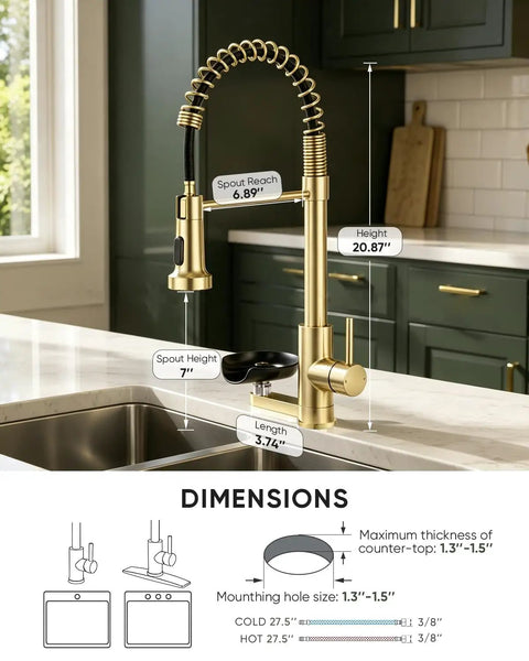 OWOFAN Pull Down Kitchen Faucet with Cup Washer Brushed Gold, dimensions showing spout height 7" and height 20.87".