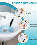 Four Pack Fifty Inch Reusable Drain Snake Tool For Bathroom Kitchen And Tub Sinks snags hair from sink drain using simple operation.