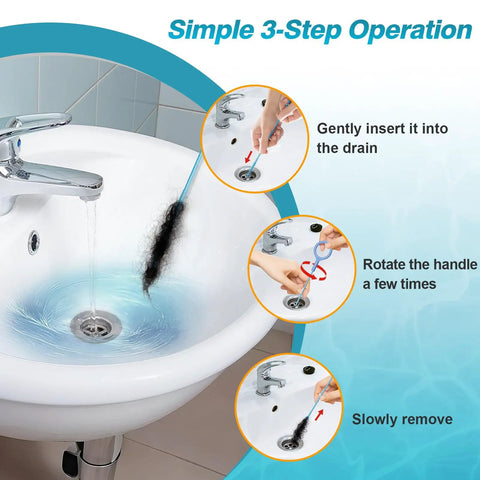 Four Pack Fifty Inch Reusable Drain Snake Tool For Bathroom Kitchen And Tub Sinks snags hair from sink drain using simple operation.