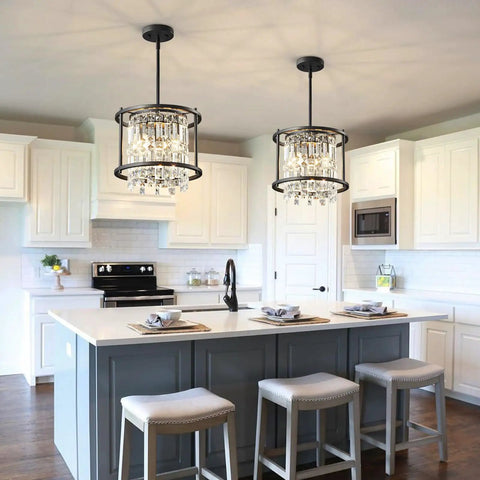 Dope Modern Black Crystal Chandelier For Foyer And Kitchen Island above a stylish white kitchen island setting