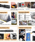 250pc survival kit with MOLLE bag; includes tactical flashlight, emergency tent, blanket, defense pen, camping lamp.