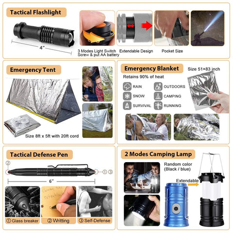 250pc survival kit with MOLLE bag; includes tactical flashlight, emergency tent, blanket, defense pen, camping lamp.