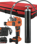 Cordless Grease Gun Kit With Two Batteries And Carrying Case, 20V High Pressure 10000 PSI Pro Grease Pumper components displayed.