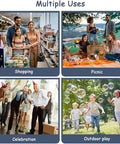Collage showcasing multiple uses: shopping, picnic, celebration, outdoor play for Foldable Shopping Trolley With Wheels 2 In 1 Reusable Grocery Tote Bag Dark Blue.