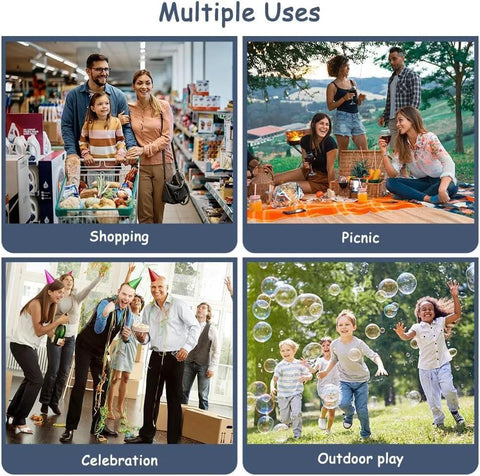 Collage showcasing multiple uses: shopping, picnic, celebration, outdoor play for Foldable Shopping Trolley With Wheels 2 In 1 Reusable Grocery Tote Bag Dark Blue.