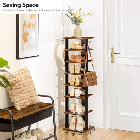 8-Tier Vertical Wooden Shoe Rack With Hooks Space Saving Narrow Shoe Tower That Holds 8 Pairs For Entryway Living Room And Bedroom In Rustic Brown Finish For Clutter Busting No-Nonsense Organization placed in an entryway.