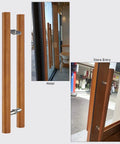 Rustic Round Wood Sliding Door Handle Set Mocha Brown, Push Pull Barn Door Pull, Glass Pulls, H Shape Entry Front Door Handle, Solid Wood Construction With Waterproof Coating, Smooth Chamfered Edges, Two Size Options 120x80 cm and 40x25 cm on glass doors