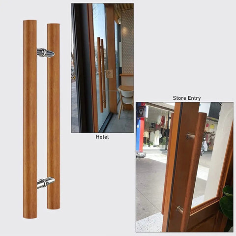 Rustic Round Wood Sliding Door Handle Set Mocha Brown, Push Pull Barn Door Pull, Glass Pulls, H Shape Entry Front Door Handle, Solid Wood Construction With Waterproof Coating, Smooth Chamfered Edges, Two Size Options 120x80 cm and 40x25 cm on glass doors