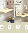 Solid Wood Wall Mounted Folding Table Boss Grade With Heavy Duty Metal Brackets And Hanging Organizer Shelf thirty one and a half inch with detail features highlighted