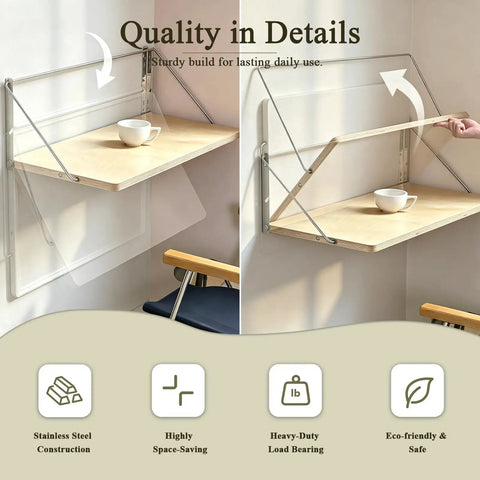 Solid Wood Wall Mounted Folding Table Boss Grade With Heavy Duty Metal Brackets And Hanging Organizer Shelf thirty one and a half inch with detail features highlighted