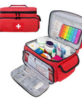 ALSLEA red first aid bag, 12x9x7 in, front view with zip pockets and opened interior of medical supplies.