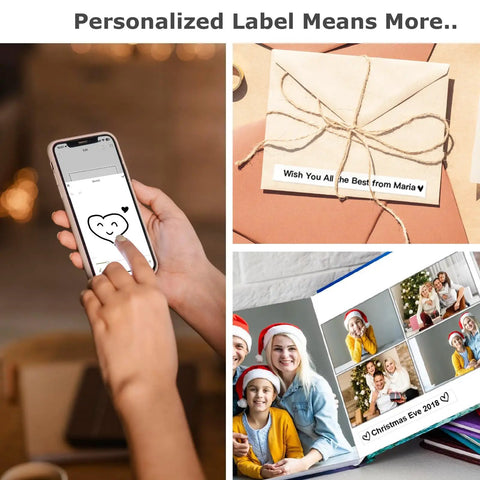 Person creating a custom label on smartphone with a heart design for personalizing gifts using the Slick Wireless Bluetooth Label Maker Machine With Three Self Adhesive Tapes And Portable Green Thermal Printer Kit For Quick Home Office School Organization And Cable Tagging Supplies.