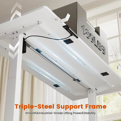 This 55 inch white electric standing desk features smooth height adjustment and handy drawers for sleek office storage, highlighting the triple-steel support frame.
