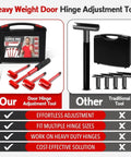 4 In 1 Door Hinge Adjustment Tool For Quick Door Fit Hinge Bender And Adjuster Wrench Gap Tool Door Fixer shown with case and red hinge aligners. Comparison to traditional tools included.