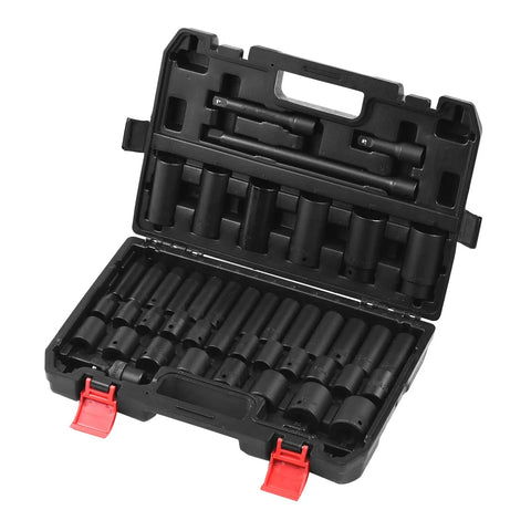 Top Tier HLFuBynox 45 Piece Metric Impact Socket Kit 1/2 Inch Drive With Deep Shallow Sockets Extension And Universal Joint Reducer For Auto Garage Tire Repair Jobs Under The Hood, black case open