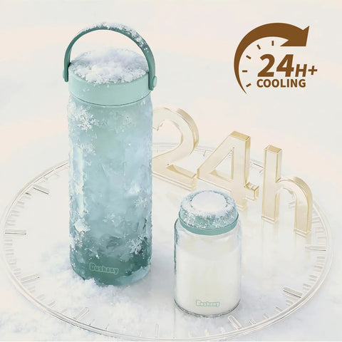 Travel Ready Portable Breast Milk Cooler With 24 Hour Deep Freeze Tech Zero Sweat Insulation Keeps Pumped Milk Ice Cold For Beach Days And Road Trips Includes Two Spill Proof Bottles In Fresh Green shows two insulated bottles with frost and a cooling indicator.