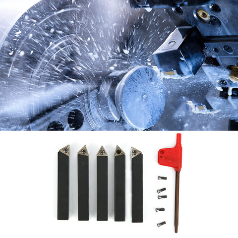 Front view of five 3/8in indexable turning tools with cemented carbide inserts and tin-coated holders, plus red wrench and screws.