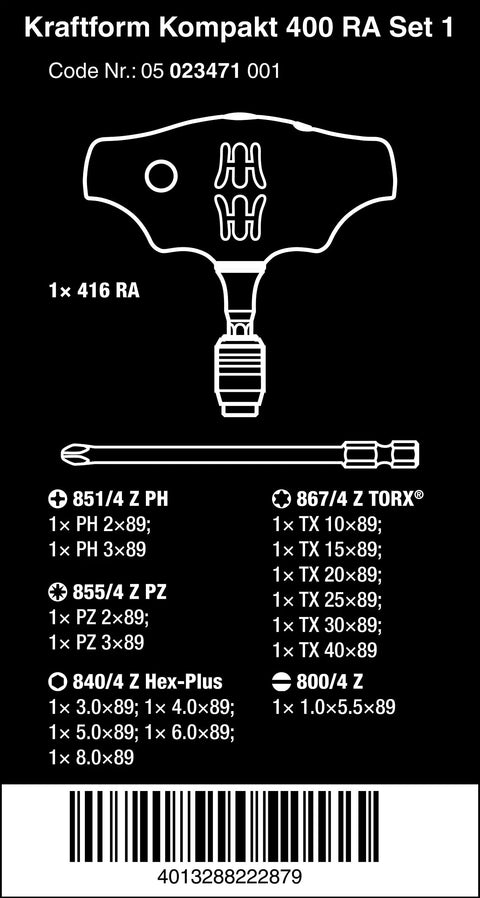 Diagram of Kraftform Kompakt 400 RA 17-Piece T-Handle Ratcheting Bit Set with item list and sizes, black background
