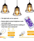 Three Pack Battery Operated Outdoor Chandelier Pendant Lights With Rustic Black Metal Bell Shade For Gazebo Patio Porch Decor showcasing light modes and replaceable bulbs.