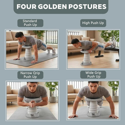 Push Up Assist Trainer For Beginners No Sweat With Waist And Core Support, showing four push-up postures in home setting